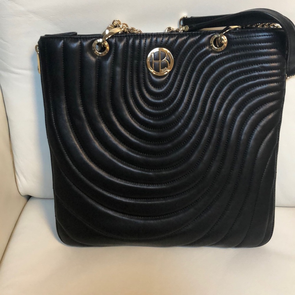 Henri Bendel Expandable Black Leather Tote.